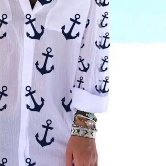 Nautical Button Down  Blouse Top Shirt Ocean Vacation Beach NWT - Picture 3 of 8